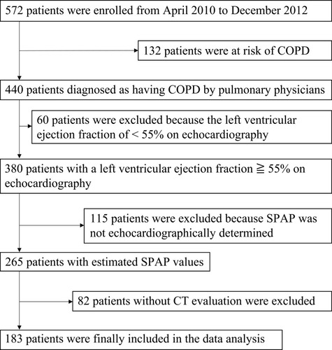Figure 1 Process of patient selection in this study. Only data from COPD patients with spirometrically confirmed COPD (FEV1/FVC < 0.7), as well as CT and echocardiography measurements at baseline, were selected and analyzed.