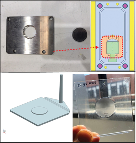 Figure 3. Composed image showing the injection mold insert developed to hold the microtextured disc in position during the injection molding stage (upper left), pointing its specific placement on the injection mold cavity with a red-dotted arrow and line (upper right CAD-image). Below, a 3D-CAD image of the injected specimen and a processed specimen with a replicated microtextured disc on its center.