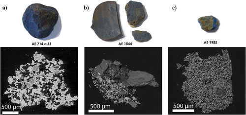 Fig. 4. Selected finds from the Koan workshop context and corresponding backscattered electron micrographs (see: Kostomitsopoulou Marketou et al. Citation2020, for the experimental setup of scanning electron microscopy). a) Initially produced Egyptian blue pellet; b) crushed Egyptian blue material from a pottery sherd; c) bright blue lump composed by finely ground Egyptian blue crystals.