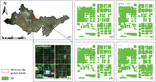 Figure 6. Results of rice mapping based on four methods at study site 1: (a–b) the original image and the local area (GF–6 on June 7, 2021); (c–d) Auto-ITSGBT-based rice mapping result; (e–f) TSRF-based rice mapping result; (g–h) DTW-based rice mapping result; (i–j) SWV-based rice mapping result.