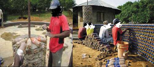 Figure 1. Showing the laying of plastic bottle bricks in house construction.