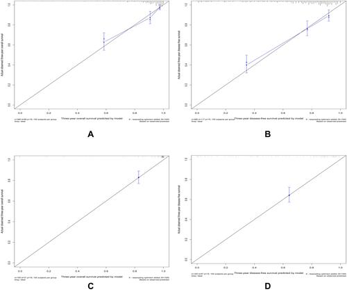 Figure 4 3-year calibration curves of the model. 3-year calibration curves from the nomograms for the prediction of OS and DFS rates in the training (A and B) and testing (C and D) sets, respectively.