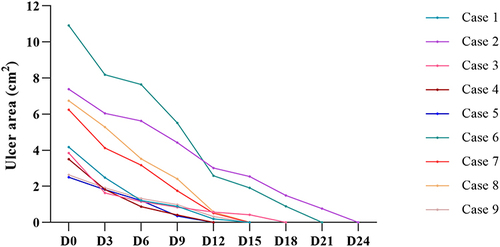 Figure 10 Wound size of all 9 patients during rhGM-CSF treatment.