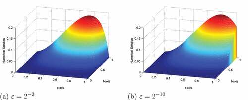 Figure 6. Numerical solution profiles for Example, 5.3 at T=1.0,δ=0.6×ε,η=0.5×ε and N=M=512.