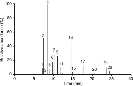 Fig. 2 GC–MS analysis of the nutmeg oil. The detailed information of chemical composition was included in Table 1.