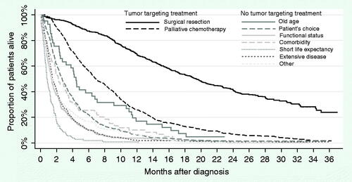 Figure 1. Overall survival of patients with pancreatic cancer, subdivided by tumor targeting treatment versus no tumor targeting treatment and reasons to withhold treatment.