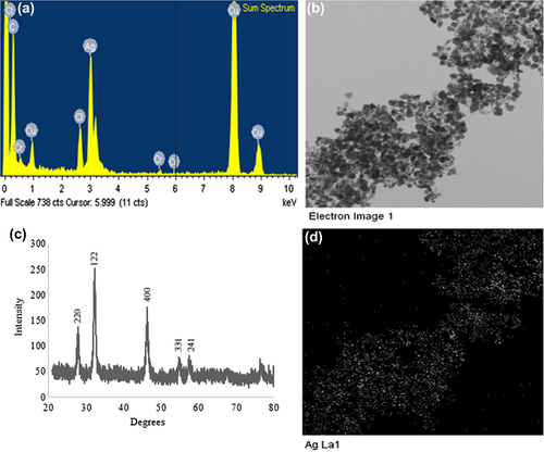 Figure 3. EDX spectrum of silver nanoparticles (a), XRD spectrum of silver nanoparticles (b), elemental mapping results indicate distribution of silver elements, TEM micrograph of silver nanoparticles pellet solution (c), and silver nanoparticles (d), respectively.