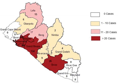 Fig. 3. Measles outbreak by county, December 1, 2014, to April 15, 2015, Liberia.