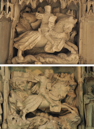 FIGURE 3. Sculptural depictions of Henry V and his warhorse, equipped with a shaffron similar in style to the Warwick Shaffron, in the chantry chapel adjacent to his tomb in Westminster Abbey. Photographs by Oliver Creighton.