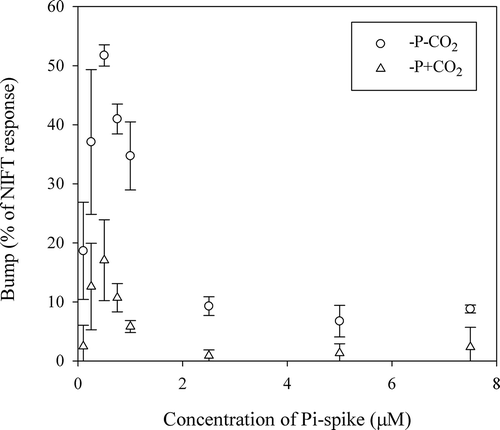Fig. 14. Extent of the bump in relation to Pi-spike as measured in Pi-depleted cells of Chlamydomonas acidophila cultured under two different CO2 concentrations. Values are the mean and SD of duplicates.