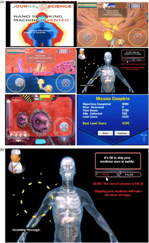 Figure 2. (a) Examples of BattleViro levels and activities (b) Example of a quiz question from a clinician with a correction to a wrong answer displayed.