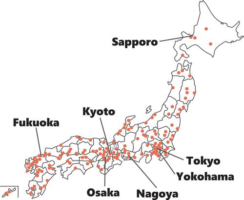 Figure 1 Distribution of 140 hospitals in the National Hospital Organization all over Japan. The locations of some representative million cities are also indicated on the map.
