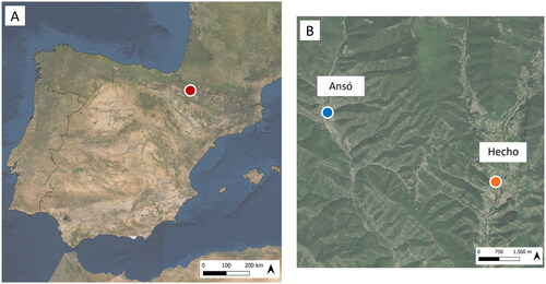 Figure 1. The panel a represents the Jacetania comarca (red dot) on the Western side of the Aragonese Pyrenees where the two study areas are located, which are represented in Panel B (villages of Ansó – blue dot – and Hecho – orange dot).