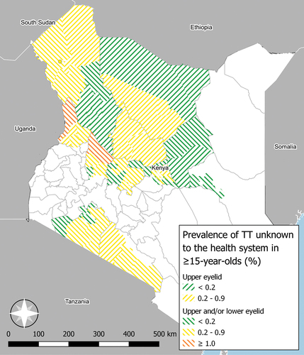 Figure 3. Adjusted prevalence of trachomatous trichiasis (TT) unknown to the health system in Kenya. Where more than one survey took place over the study period (April 2017–December 2020), only the most recent result is shown. Counties coloured in white were not surveyed. The boundaries and names indicated and the designations used on this map do not imply the expression of any opinion of any kind on the part of the authors, or the institutions with which they are affiliated, concerning the legal status of a country, territory, city or region or its authorities, or concerning the delimitation of its borders.