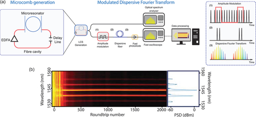 Figure 9. DFT characterization of high repetition-rate frequency combs. (a) Microcomb generation: A Laser Cavity-Solitons train is emitted from a microresonator nested in a fiber cavity. Modulated Dispersive Fourier Transform: the repetition rate of the pulse train is reduced using an electro-optic modulator connected to a pulse generator (1,2). DFT is then achieved through a DCF (3) and data is processed using a fast oscilloscope. (b) Typical DFT-plot of a Turing pattern, startup and stable regime over 2000 roundtrips. Optical spectrum analyzer plot on the right for comparison [Citation109].