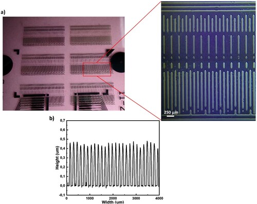 Figure 7. LIFT printed patterns on ﬂexible substrates (a) Demanding design printed on planar ﬂexible dielectric (b) Proﬁle measurements of printed lines.