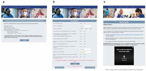 Figure 2. Screenshots of the webpages corresponding to the consent, demographic, and audio recording features. the homepage (a) of the website displays the entire consent form, which must be accepted before proceeding to the following pages. In addition, the demographics questionnaire (b) must be completed and submitted before the user is able to proceed to the audio recording page (c). Returning users who had successfully consented and submitted a demographics form would proceed directly to the recording page in subsequent visits.