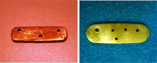 Figure 1 Gold plates with three and five holes to facilitate suspension.