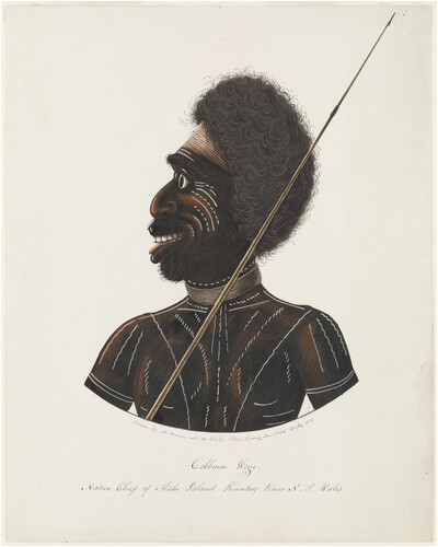 Figure 8. Richard Browne, Cobbawn Wogi, Native Chief of Ashe Island Hunters River N.S. Wales 1820, watercolour and gouache. State Library of New South Wales.
