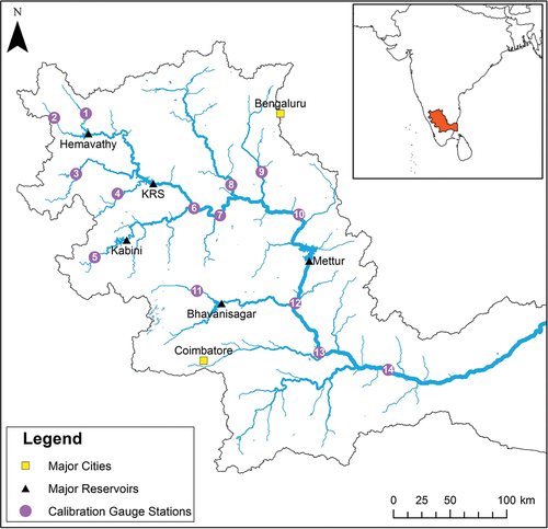 Figure 1. Map of the Cauvery River basin with key features labelled and location inset. Gauging stations are numbered for clarity; corresponding names can be found in Appendix B (Table B1).