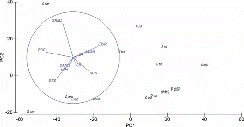 Figure 4. Principal component analysis ordination model (PCA) of the 14 fish species investigated in this study with superimposed the vectors of the 10 habitat types at the Torre Guaceto MPA. Habitat codes: SBFI, sandy bays with freshwater inputs; SB, sandy bays without freshwater inputs; SR, shallow rocks with macroalgae; EISR, exposed indented shallow rocks; ELSR, exposed linear shallow rocks; SSC, shallow sheltered coves; SSS, small-sized seagrasses; POC, Posidonia oceanica; SRMZ, sublittoral rocks with macroalgae and zoobenthos; SAND, sublittoral sand.