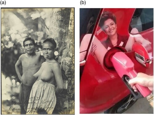 Figure 1. Botocudo Nudity Removed/Dilma Rape Sticker Left Circulating. Botocudo Couple (1909), photographed by Walter Garbe and Image of Dilma Sticker circulating on Facebook (accessed 17 December 2022). Image assembled by Leander.