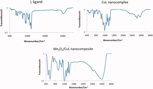 Figure 3. FT-IR of L ligand, CuL nanocomplex, and Mn3O4/CuL bio-nanocolloid.