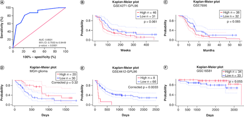 Figure 3. The diagnostic and prognostic values of PRAMEF12 in glioma.(A) Receiver operating characteristic analysis of PRAMEF12 protein levels in glioma by immunohistochemical staining. (B–F) Survival curves of overall survival in five glioma cohorts: GSE4271-GPL96 (n = 77), GSE7696 (n = 70), MGH-glioma (n = 50), GSE4412-GPL96 (n = 74) and GSE16581 (n = 67).