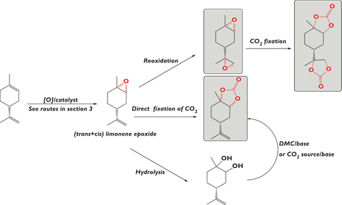 Figure 12. A general scheme of the synthesis of cyclic carbonates starting from monoterpenes scaffolds as well as CO2 sources.