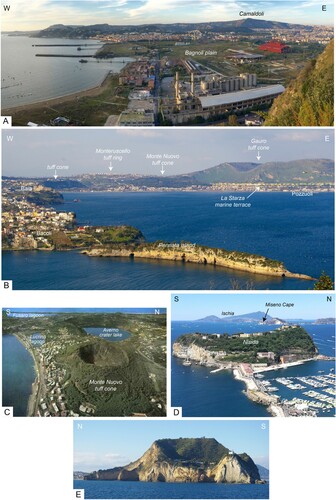 Figure 4. Views of the main geomorphological elements of the Campi Flegrei caldera inner area. A: View from the south (Posillipo hill) of the Campi Flegrei caldera rim and inner slopes (in the background) and the Bagnoli plain. B: View of the Gulf of Pozzuoli from the Miseno Cape, with indication of the Monte Nuovo and Gauro tuff cones and, in the background, the Monteruscello tuff ring; the dashed yellow line marks the surface of the La Starza marine terrace; in the foreground the northern rim (Pennata island) of the drowned crater, which hosted the Roman harbour of Miseno. C: Aerial view of Monte Nuovo volcano, formed in 1538 AD, Averno volcano and crater lake and Lucrino and Fusaro lagoons. D: View of the southern termination of the Gulf of Pozzuoli (right side), with the Nisida island and Miseno Cape; in the background the island of Ischia is visible. E: View from the west of the steep sea cliff eroded in the cone and crater of the 3.7 ka old Miseno volcano.