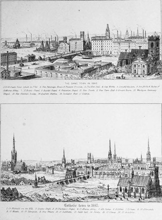 Figure 1 Augustus W. N. Pugin, “Catholic town in 1440” (lower) and “The same town in 1840” (upper). Unnumbered plate in Contrasts—Or, a Parallel Between the Noble Edifices of the Fourteenth and Fifteenth Centuries and Similar Buildings of the Present Day. Shewing the Present Decay of Taste Accompanied by Appropriate Text (1836).