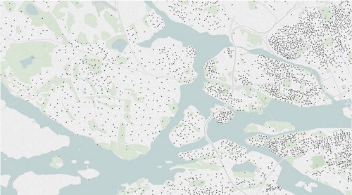 Figure 1. The division, into 13,831 areas, of Stockholm. Each point represents the centre of an area, the exact borders of the areas are not disclosed. Clearly the division is very granular in central Stockholm, but gets sparser in the outskirts of Stockholm.