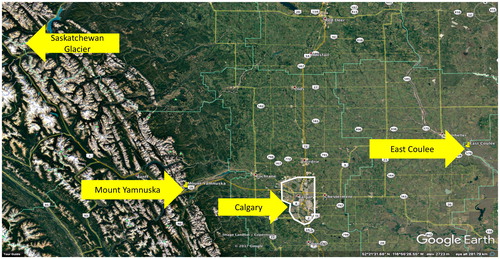 Figure 1. Google Earth image of Calgary, Alberta, with the three VFE sites (Mount Yamnuska, Saskatchewan Glacier, and East Coulee) highlighted. The width of the image represents approximately 370 kilometers.