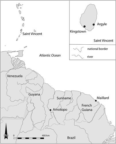 Figure 1. General map of the Windward Islands of the Lesser Antilles and the Guianas indicating the locations of Argyle (Saint Vincent), Amotopo (Surinam), and Maillard (French Guiana). (Drawing by Menno L.P. Hoogland).