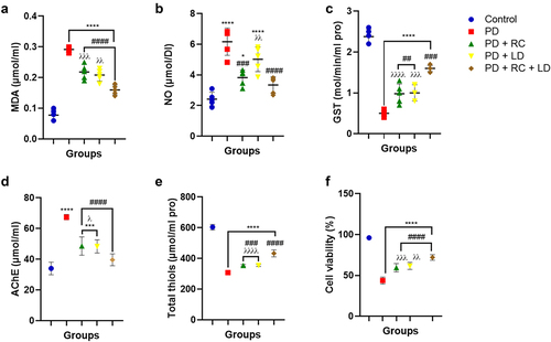 Figure 5. Malondialdehyde level (a), nitric oxide level (b), glutathione S-transferase activity (c), acetylcholine esterase activity (d), total thiol level (e), and cell viability (f). A significant increase in the level of MDA was observed in all the PD groups, as well as a significantly increased level of NO in the PD, PD + RC, and PD + LD groups, but not in the PD + RC + LD group compared to the control. However, the level of MDA was significantly decreased in all the groups exposed to ribose-cysteine and levodopa compared to the PD group fed on a diet without ribose-cysteine or levodopa, as well as decreased NO levels in the PD + RC and PD + RC + LD groups, but not in the PD + LD group compared to the PD group fed on a diet without ribose-cysteine or levodopa. Moreover, there is a statistically significant decrease in GST activity in all the PD groups, as well as a significantly elevated AChE activity in the PD, PD + RC, and PD + LD groups, but not in the PD + RC + LD group compared to the control. However, GST activity was significantly increased, with decreased AChE activity in all the groups exposed to ribose-cysteine and levodopa compared to the PD group fed on a diet without ribose-cysteine or levodopa. Also, there is a statistically significant concurrent decrease in total thiol level and percentage cell viability observed in all the PD groups compared to the control. Conversely, there is a statistically significant increase in total thiol level and percentage cell viability in all the groups exposed to ribose-cysteine and levodopa compared to the PD group fed on a diet without ribose-cysteine or levodopa. The result is expressed as mean ± S.E.M. at **: p < 0.01, ****: p < 0.0001 compared to control; ####: p < 0.0001 compared to PD; λλλ: p < 0.001, λλλλ: p < 0.0001 compared to PD + RC + LD. (control: w1118, RC: ribose-cysteine, LD: levodopa, PD: PD flies).