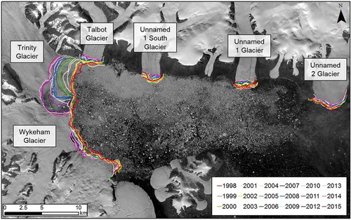 Figure 5. Terminus outlines 1998–2015 for Trinity, Wykeham, Talbot, Unnamed 1 South, Unnamed 1, and Unnamed 2 glaciers in Talbot Inlet. Base image: USGS/NASA Landsat August 29, 2014.