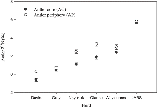 FIGURE 4 Mean (±SE ) δ15N values of samples taken from the core and periphery of antlers collected from reindeer herds across the Seward Peninsula and LARS. (n for each group can be found in Table 3).