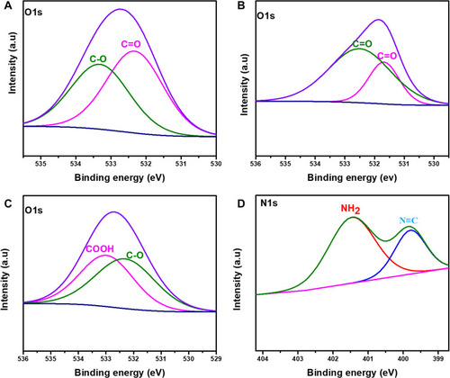 Figure 4 O1s and N1s peaks (A) O1s peak of rGO (Hydrophobic) obtained by direct deposition, (B) O1s peak of rGO (Super-Hydrophobic), (C and D) O1s and N1s peaks of GO (Hydrophilic).