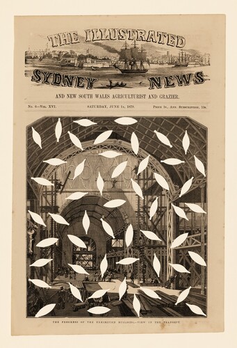 Figure 3: Jonathan Jones, Garden Palace suite 2016. Hand-cut 19th-century newspaper etching. Dimensions variable. The progress of the exhibition building—view in the transept, published in The Illustrated Sydney News and New South Wales Agriculturalist and Grazier, 14 June 1879, p. 1; dimensions variable approx. 40 × 26.8 cm sheet. Created to accompany Jonathan Jones: barrangal dyara (skin and bones), Kaldor Public Art Project 32, Royal Botanic Garden Sydney, 17 September–3 October 2016. Photograph Mark Pokorny. Collection of the artist.