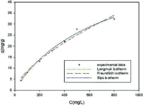 Figure 8. Two- and three-parameters isotherms obtained using the non-linear method for the adsorption of Ni(II) on CS/PRh nanocomposite.