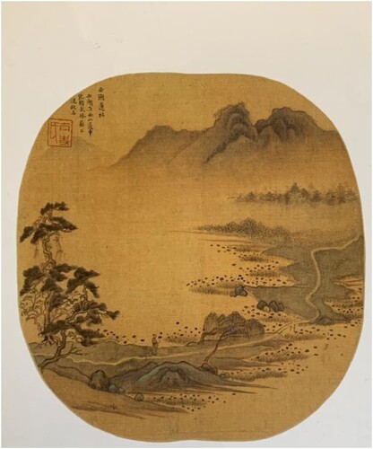 Fig. 16. Dong Qichang (1555–1636), The Lotus Society at West Lake, Leaf 3 from Views of Yan and Wu, 1596, album leaf, ink and color on silk, 26.1 × 24.8 cm, Shanghai Museum.