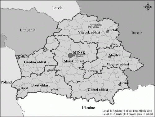 Figure 1  Territorial division of Belarus: regions (oblast), districts (rayons), and cities Source: www.diva-gis.org (base maps).
