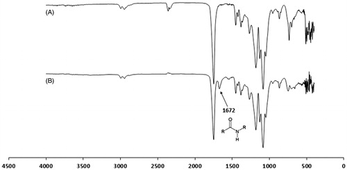 Figure 2. FTIR spectra of (A) PLGA 75:25 and (B) FITC-labeled PLGA 75:25.