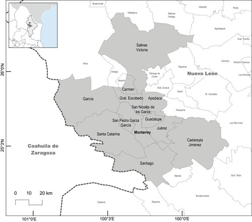 Map 1. Monterrey metropolitan zone. Location and Municipalities included in the metropolitan zone.