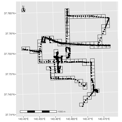 Figure 4. Spatial clustering of Safecast measurements (black points) by 100 m × 100 m grids used in the KURAMA car-borne survey data