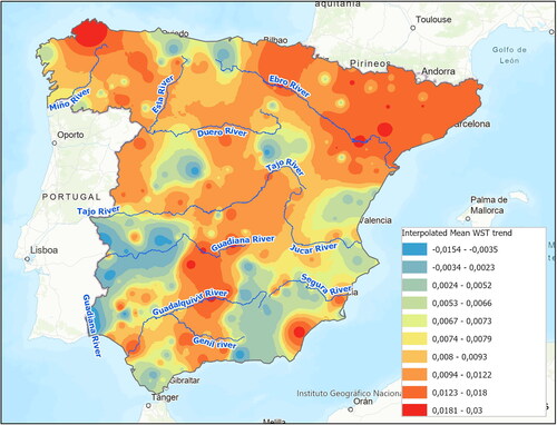 Figure 10. Interpolated mean WST trend in peninsular Spain with IDW method.