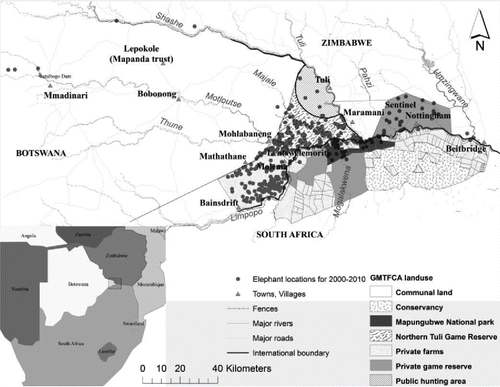 Figure 1. The Central Limpopo River study area with different land use practices and the elephant locations for 2000–2010.