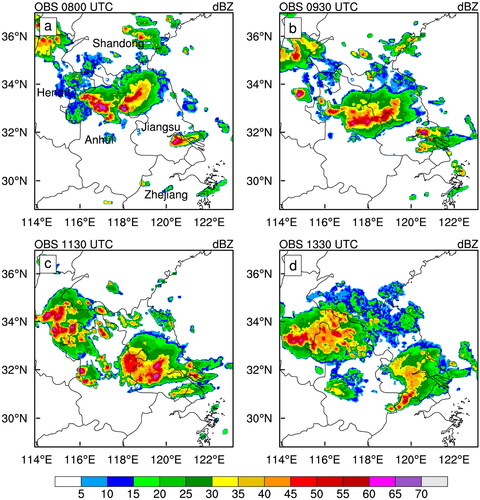 Figure 1. Observed radar reflectivity (unit: dBZ) of the squall line at 0800 UTC (a), 0930 UTC (b), 1130 UTC (c), and 1330 UTC (d) 14 June 2009.