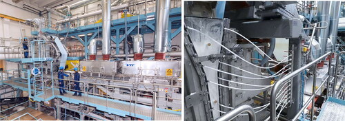 Figure 19. Foam-forming pilot SAMPO at VTT (Jyväskylä, Finland), with a closer view of the vertical foam headbox. There is no wet pressing in this process, and only non-contact dryers are used to allow the production of low-density webs.