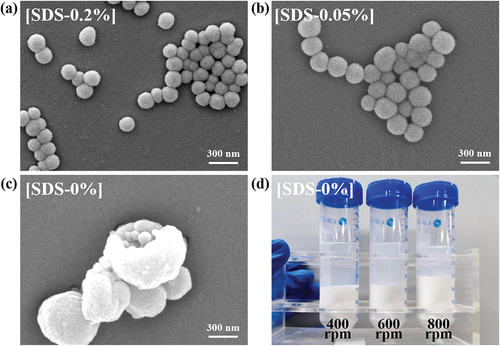 Figure 2. The micromorphology P[(VC)-co-(PEGMA)] latex at varied SDS content (a) 0.2%, (b) 0.05%, (c) 0%; and (d) the digital photo of emulsion colloid at different stir rate.